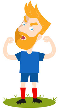 Selbstbewusster, stolz posierender blonder Cartoon Fußballspieler mit Vollbart in blauem Trikot, angriffslustig