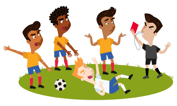 Fu&szlig;ball Cartoon, Schiedsrichter pfeift, gibt nach Foul sich beschwerenden Feldspielern rote Karte, Gegenspieler liegt auf dem Fu&szlig;ballplatz nach einer Schwalbe