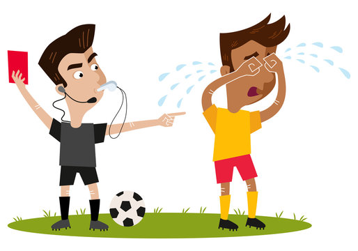 Fu&szlig;ball Cartoon, streng blickender Schiedsrichter pfeift, gibt heulendem Feldspieler rote Karte und schickt ihn vom Platz