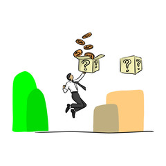 businessman jumping to hit the flying box with golden coins vector illustration sketch doodle hand drawn with black lines isolated on white background