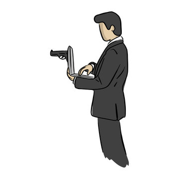 businessman using laptop computer to kill other vector illustration sketch doodle hand drawn with black lines isolated on white background