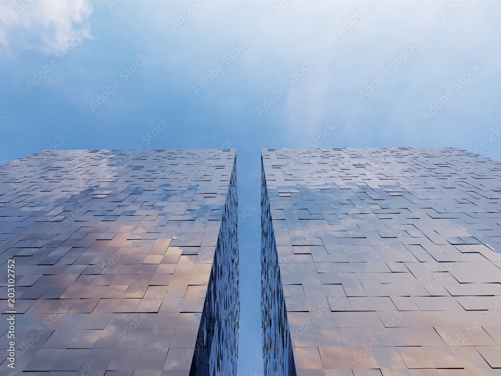 Poster view of the clouds reflected in the glass office building. 3d rendering