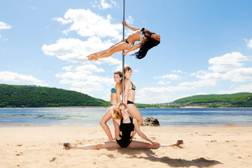 group of girls in bathing suits at pole dancing