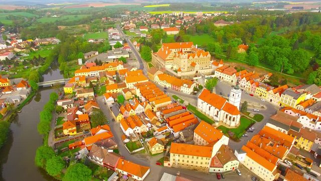Camera flight around the castle Horsovsky Tyn founded in the half of the 13th century.Czech Republic. Aerial view of a landmark in Czech Republic.