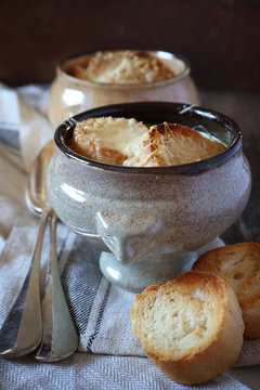 French onions soup with baguette, two vintage tureens