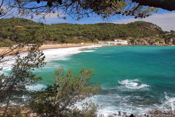 Main view of Castell beach, one of the most amazing virgin spots of la Costa Brava seaside, Palamós, Girona, Catalonia, Spain.