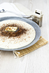 Semolina cream with cocoa powder as sweet breakfast. 