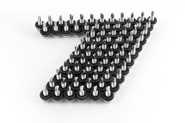 Inverted roofing screws with a drill at the end of the thread, laid in the form of a number seven or an arrow pointing up and to the right.