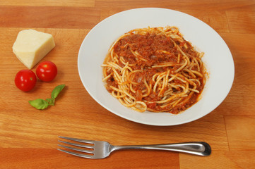 Spaghetti bolognese on a tabletop