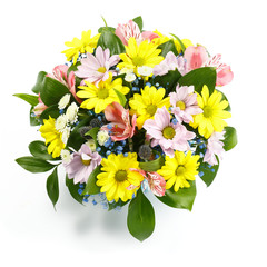Beautiful bouquet of yellow, pink and blue flowers on a white background as a gift