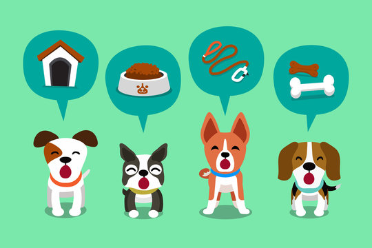 Cartoon character cute dogs and speech bubbles with accessories