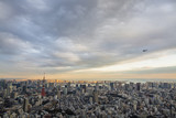 Aerial view of cityscape against cloudy sky during sunset