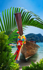 Traditional Thai Longtail boat on the beach of Phi Phi Don