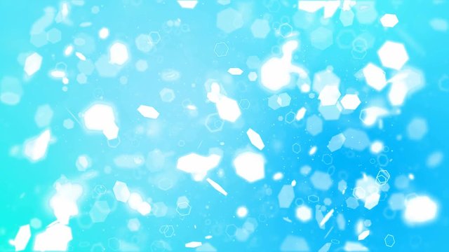 White hexagon glitter sparkles animation on blue background.