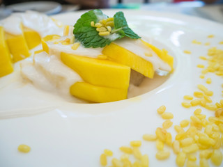 sweet mango with sticky rice with coconut milk on white plate
