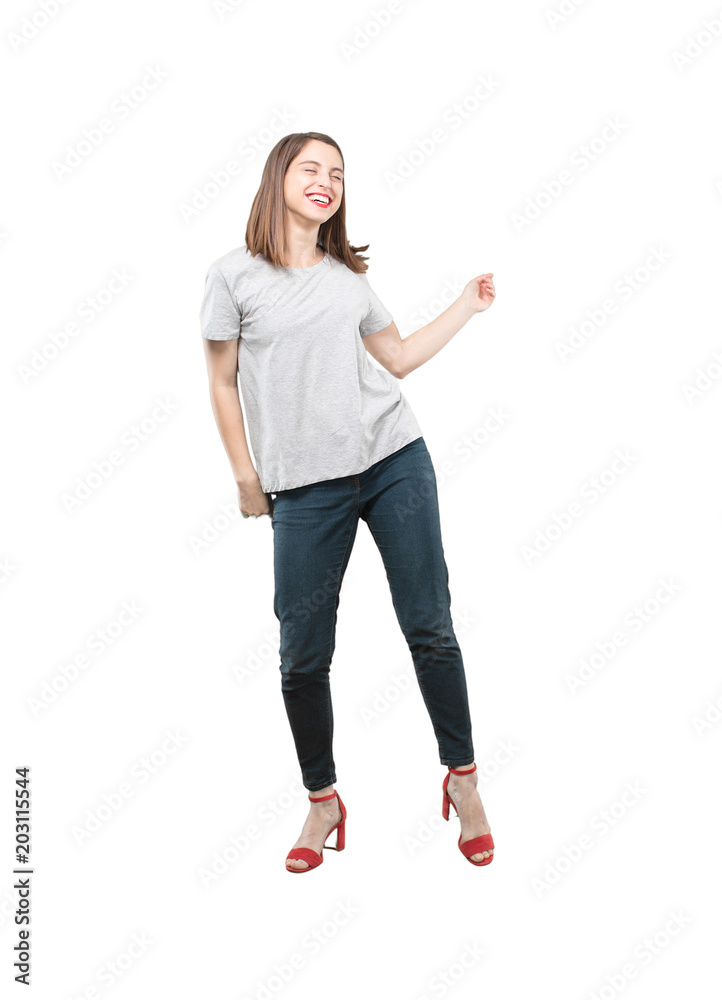 Sticker young pretty woman dancing.full body cutout person against white