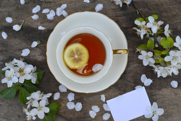 Cup of tea and spring apple blossoms on a wooden background with copy space. Top view. 