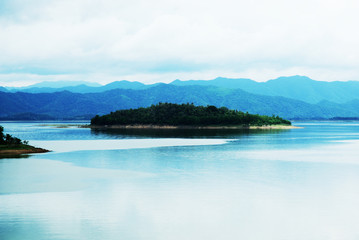 Fototapeta premium Beautiful Mountain range and river lake in Thailand.