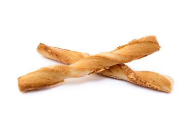 Spiral bread sticks with cheese on a white background