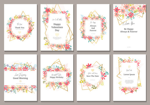 Beautiful banners with flowers and gold geometric elements. Frame templates. Vector illustration.