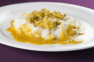 Simple dish from India. Chicken Korma. Chicken on a mildly spiced coconut creamy sauce served with rice on white plate.