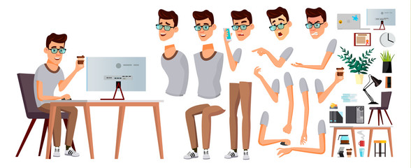 Office Worker Vector. Emotions, Gestures. Animation Creation Set. Business Person. Career. Modern Employee, Workman. Isolated Flat Cartoon Character Illustration