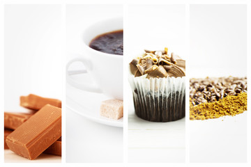 Chocolate pieces piled together against waffles sugar and a cup of coffee on white plate