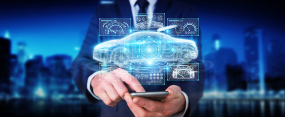Businessman using modern smart car interface 3D rendering
