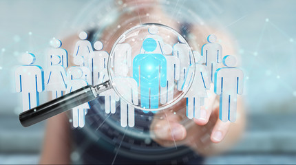 Businesswoman using magnifying glass to recruit people 3D rendering
