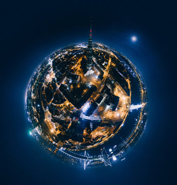 Old Riga Night Planet. Bridge roads in Riga city 360 VR Drone picture for Virtual reality