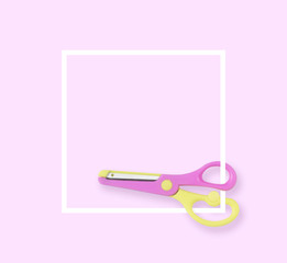 Minimal white layout Yellow and pink scissors isolated pink pastel, Concept minimal style, Top view with space for copy paste your text
