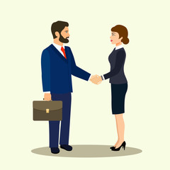 Businessman and businesswoman shaking hands. Handshake of business partners.Vector flat style illustration
