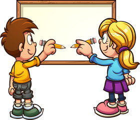 Cartoon kids writing on a blank board. Vector clip art illustration. Some elements on separate layers. 