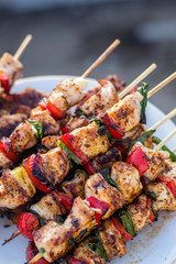 Close up pf delicious chicken breast on wooden skew with fresh vegetables, garlic, paprika fried on mangal barbeque grill