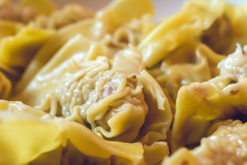 Closeup Authentic Asian Lunchtime Homemade Chinese Dumplings Texture Background. Retro Look