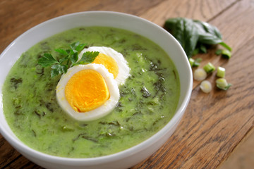 Spinach soup with boiled egg. 



