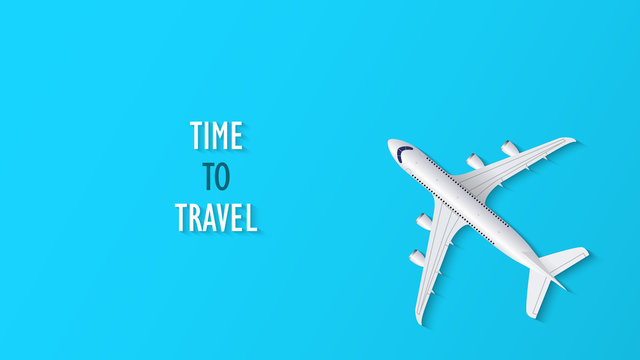 Airplane on blue background with time to travel text, travel background, vector illustration