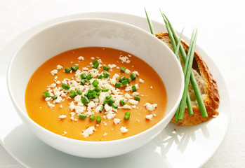 soup puree on chicken broth with lentil, potato,carrot, and onion decorated with bryndza and green onion springs