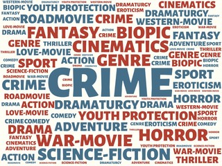 CRIME - image with words associated with the topic MOVIE, word, image, illustration