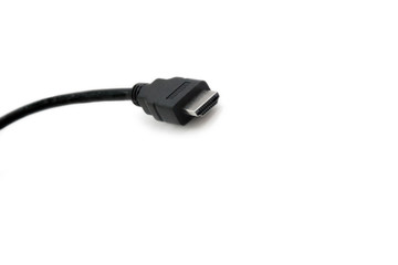 Black HDMI cable on white background. Connector close-up.