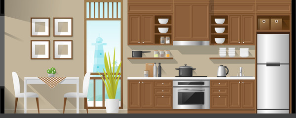 House interior section background including dining room and kitchen , vector , illustration