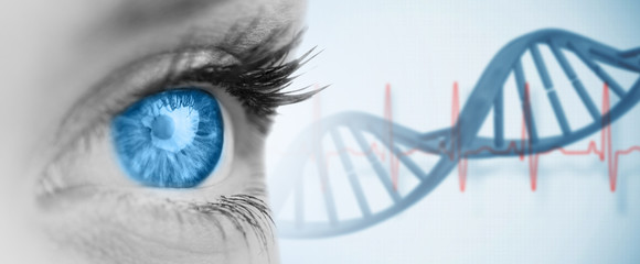 Blue eye on grey face against blue medical background with dna and ecg