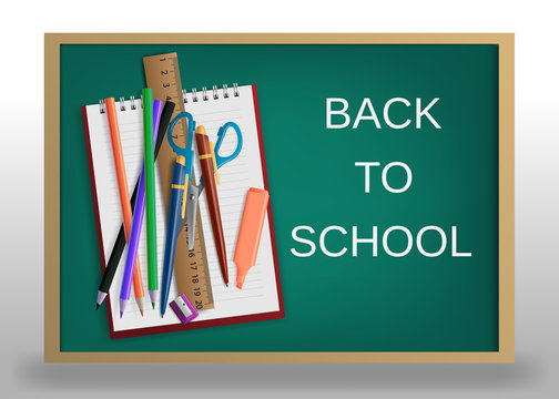 3D Realistic Back to School Title Poster Design in a Blackboard with School Items. Editable Vector Illustration.