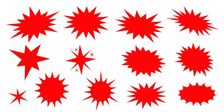 Set of fashionable forms of red retro splash, explosion, burst, bang, blast, shine, star. Flat design elements sunburst. Best for sale sticker, price tag, quality mark. Beans firework. Vector.