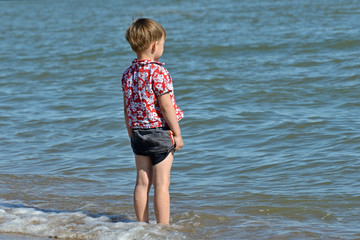 Fototapeta na wymiar A boy on the beach went into the water and looked