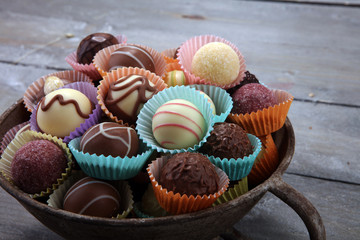 a lot of variety chocolate pralines, belgian confectionery gourmet chocolate.