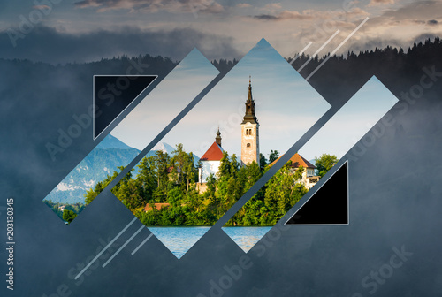 Polyscape Minimalist Landscape With Lake Bled Slovenia