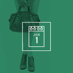 Woman in high heels holding yellow bag  against calendar