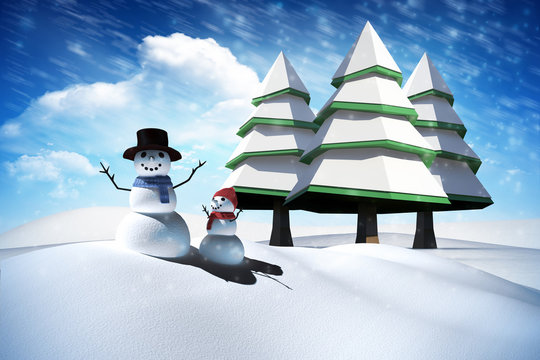 Composite image of snow man against bright blue sky with clouds