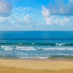 Fototapeta na wymiar Deserted sandy beach of the Indian Ocean. In the blue sky cumulus clouds.